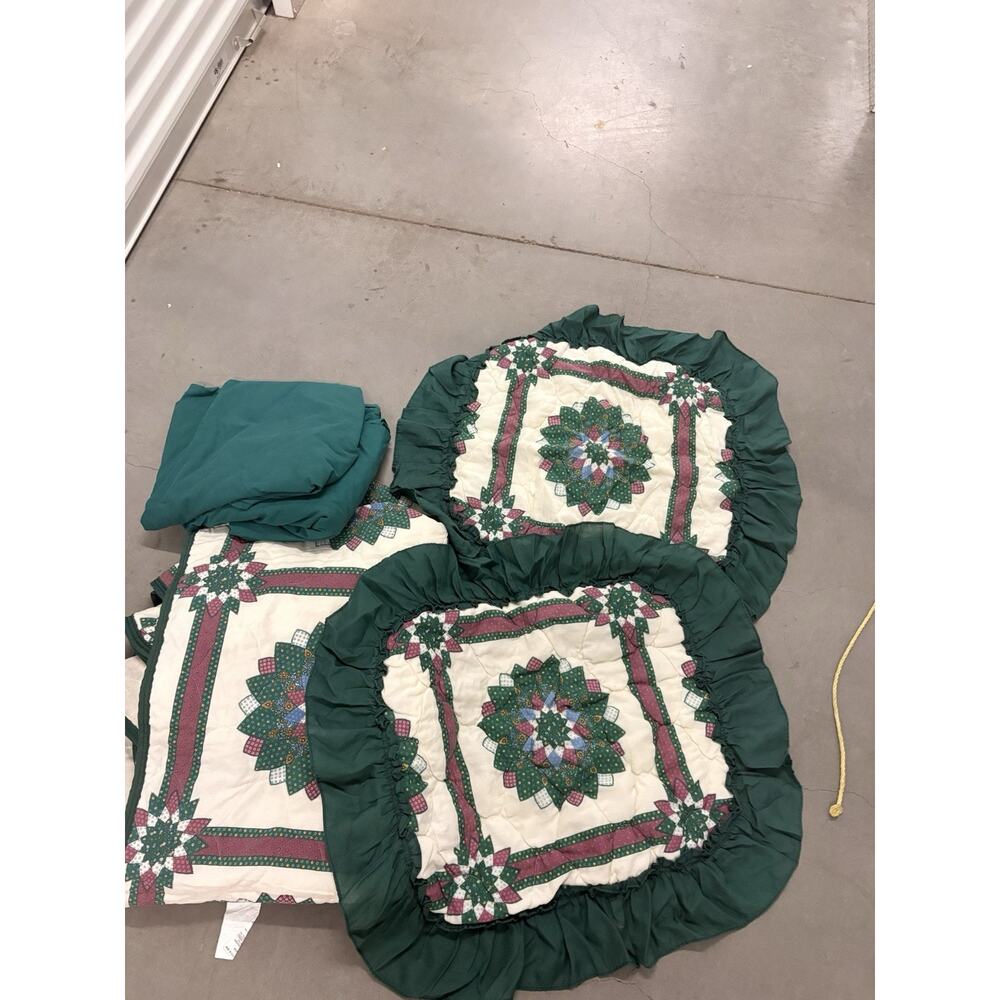 VTG Lone Star Over Full/Queen Quilt Sheet Shams Cotton Green Red Cottage Core